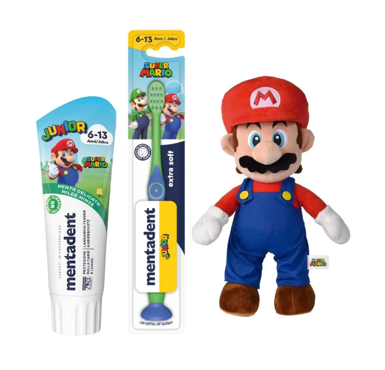 MENTADENT BUNDLE SUPER MARIO JUNIOR 6-13 ANNI SPAZZOLINO EXTRA SOFT + DENTRIFRICIO 75ML + PELUCHE SUPER MARIO